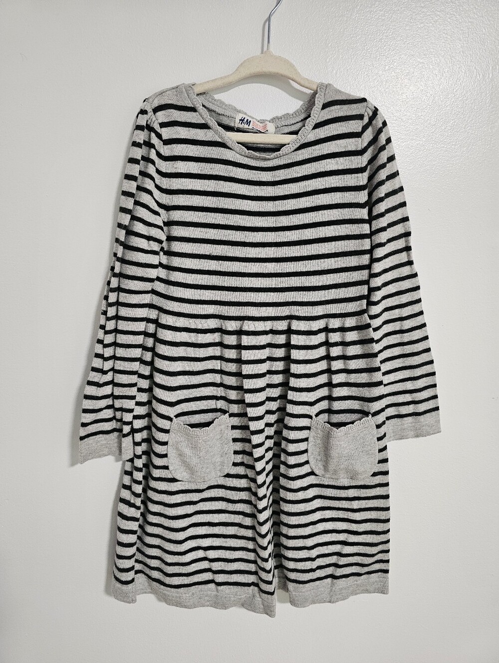 🧸4/20$ H&M Kids Stripped Sweater Dress Size 4-6Y Black White Pink Star Elbow